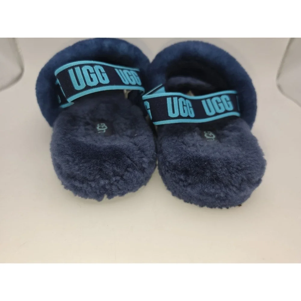 Women UGG Fluff Slides Bright Blue Slipper Size 4 w/ Straps